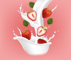 Vector realistic strawberry with splash milk, strawberry yogurt, summer fruit