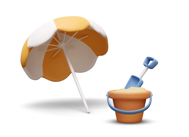 Vettore umbrella da spiaggia a righe realistiche, secchio di sabbia e pala