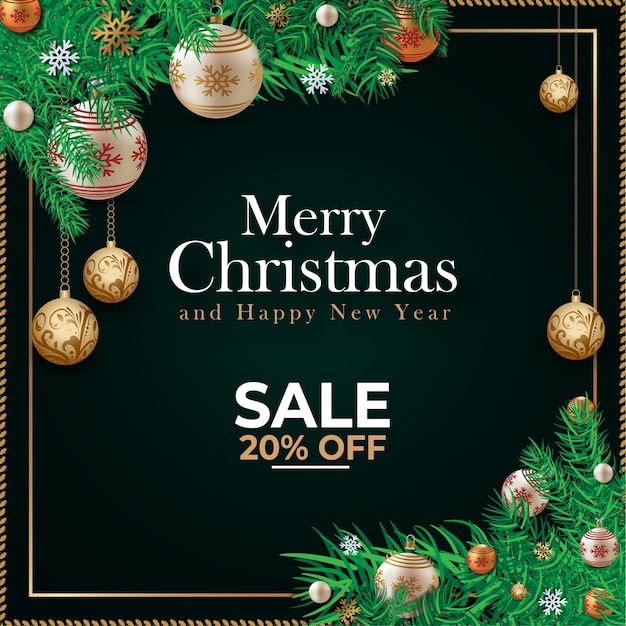 Realistic style merry christmas and new year Frame background with ornaments Sale banner