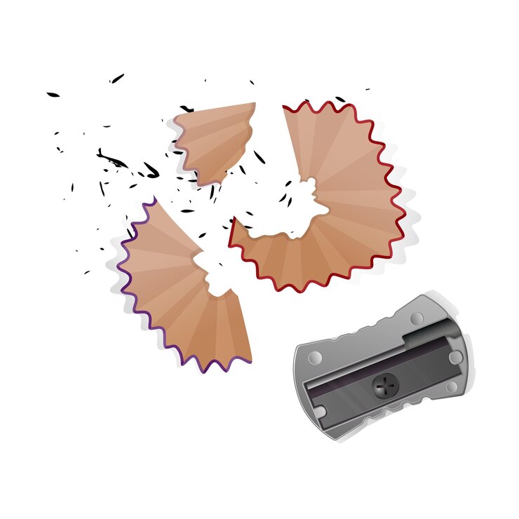 Realistic style pencil a sharpener pencil shavings and a graphite isolated on white background