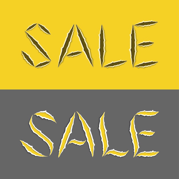 Vettore vendita di parole stilizzate realistiche con bordi irregolari nei colori giallo e grigio. lettere strappate. illustrazione vettoriale.