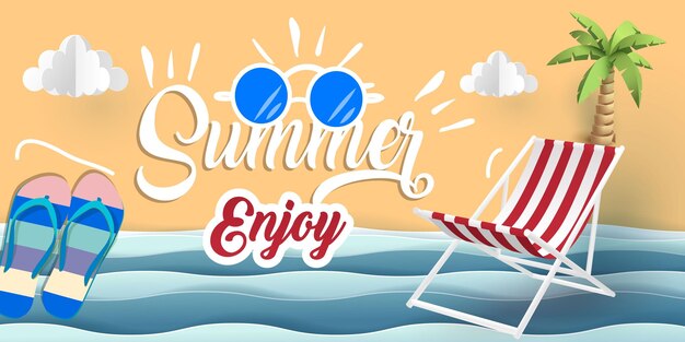 リアルな夏の大きな売り上げのバナーとポスターデザインと熱帯ビーチの背景ベクトル