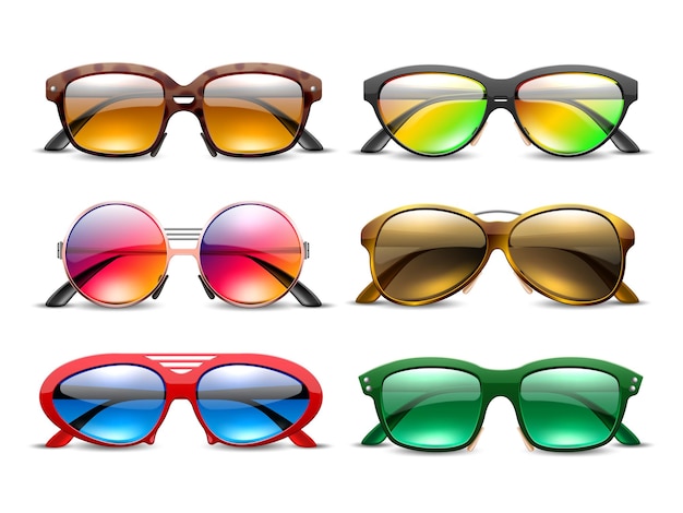 Vettore occhiali da sole realistici occhiali colorati in cornice di plastica colorata lenti brillanti oscurate ottica estiva protezione oculare solare accessorio di moda forma diversa oggetti 3d set di occhiali vettoriali utter