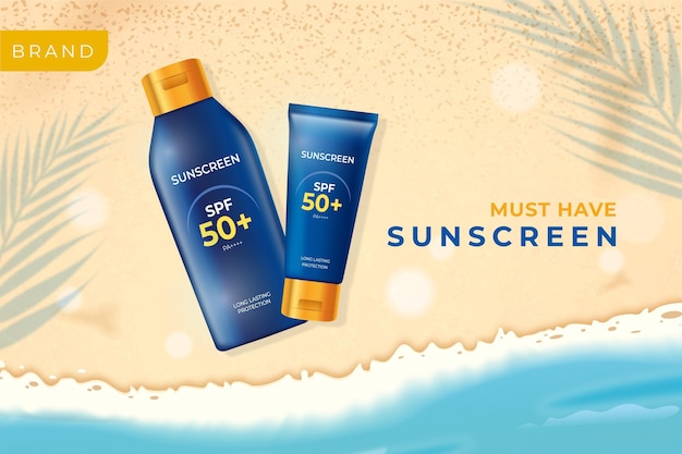 Promozione crema solare realistica su una spiaggia