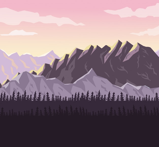 Vector realistic sunset landscape background of snowy mountains