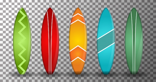 Tavola da surf realistica con diverse forme e colori su uno sfondo trasparente. disegno isolato