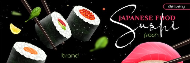 Realistic sushi with Japanese food delivery banner illustration