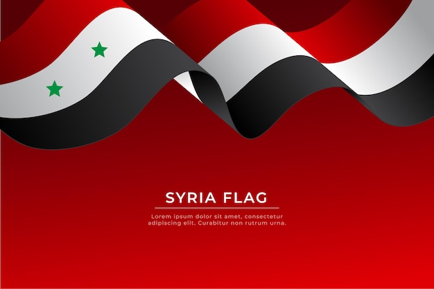 Vettore disegno realistico della bandiera della siria bandiera siriana ondulata su sfondo rosso.