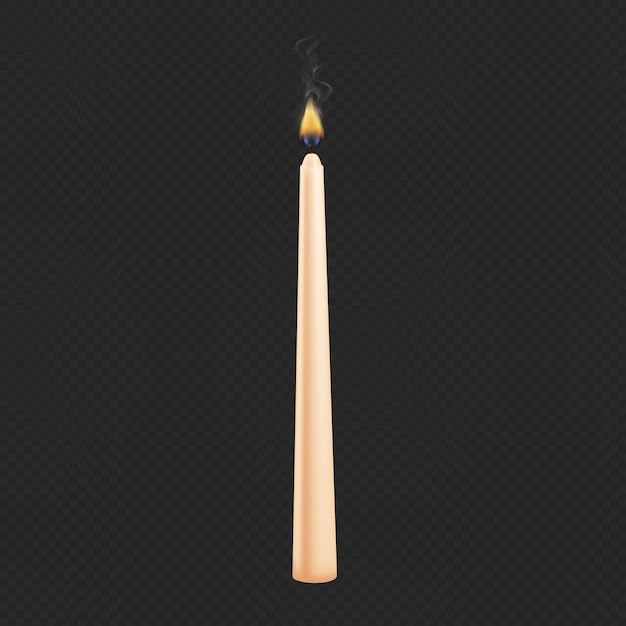Vettore candela di cera conica realistica con fiamma e fumo