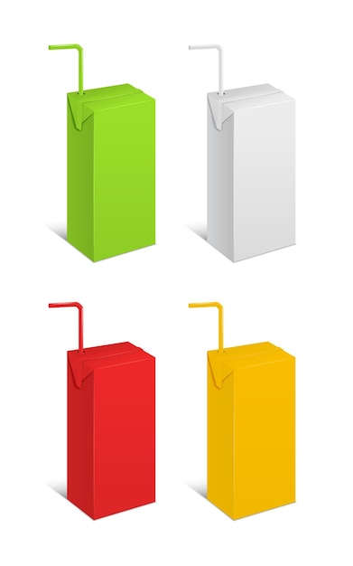 Вектор Реалистичный шаблон blank color juice pack изолированный пустой макет для напитков с векторной иллюстрацией питьевой соломинки