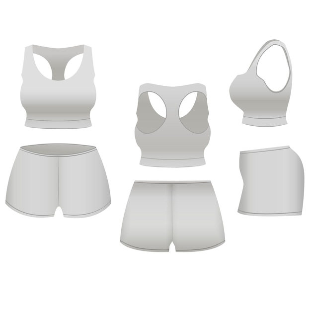 Realistic template blank white shorts and top basic women clothing for sport, fitness.