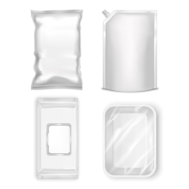 Realistic Template Blank White Wipes, Food Container, Foil Bag and Plastic Pack