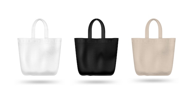 Set tote bag in tessuto realistico. in bianco e nero e biege. isolato su sfondo bianco