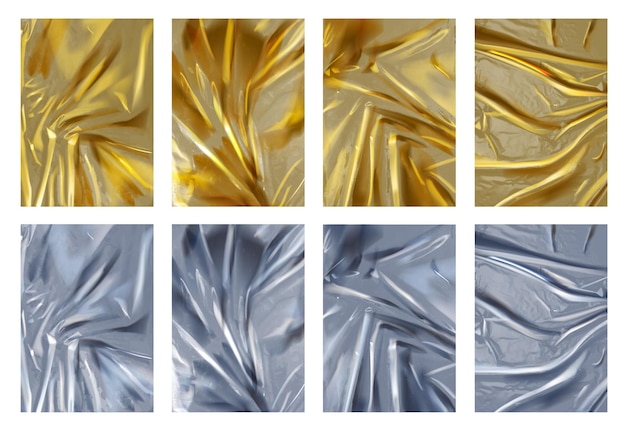 Realistic texture of crumpled silver and golden foil sheets 3d shiny aluminum and gold material with folds luxury background vector set