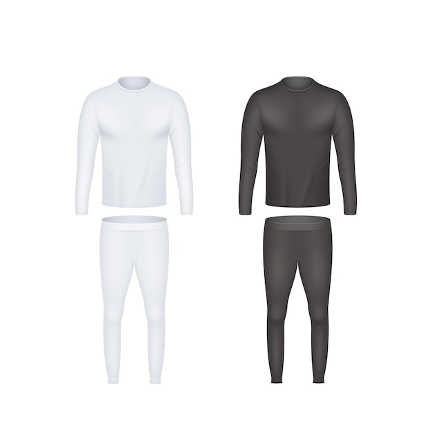 Vector realistic thermal wear black and white clothing for winter warm shirt and pants male underwear