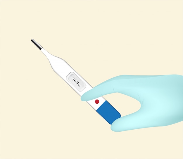 과학에 대 한 간호사 손으로 장갑 열 검사에 대 한 현실적인 온도계 의료. 병원 도구 컨셉 디자인. 개체 벡터 일러스트 레이션