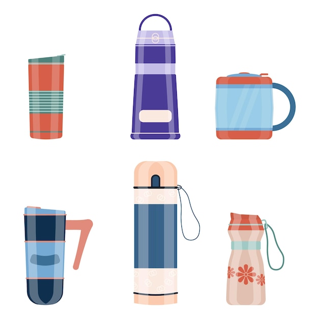 Realistic thermos vacuum flask set or bottle with hot drink coffee or tea front view vector