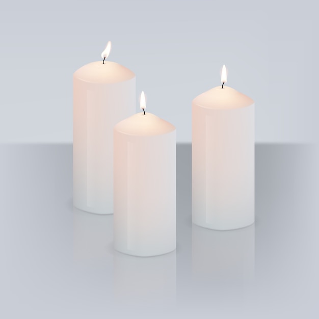 Realistic three candles with flame on grey background with mirror reflection.