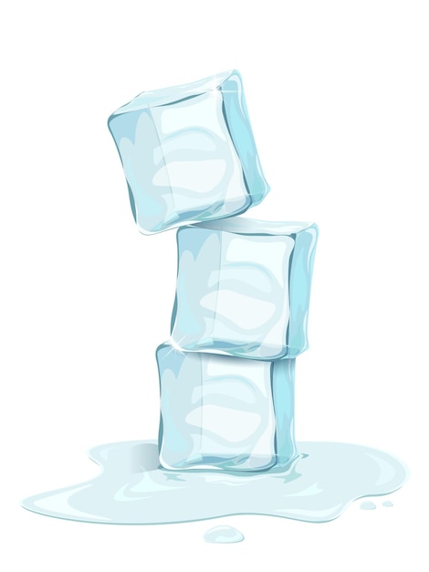 Realistic three ice cubes with water drops on white background illustration