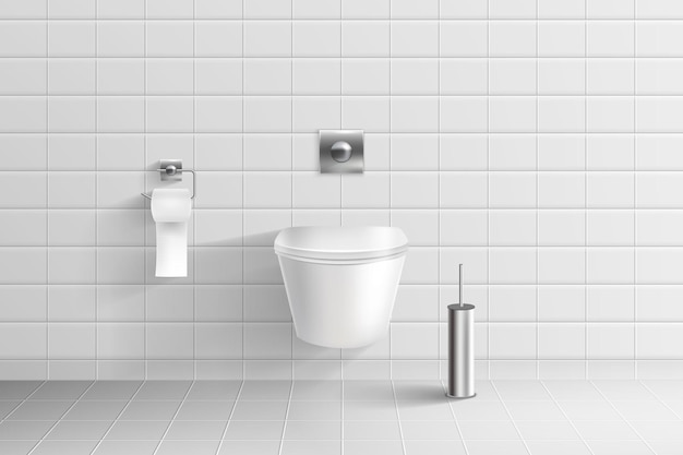 Realistic toilet Bathroom ceramic tile wc room wall small seat hung bowl clean flush 3d white paper home or public lavatory interior 3d isolated elements Vector illustration mockup