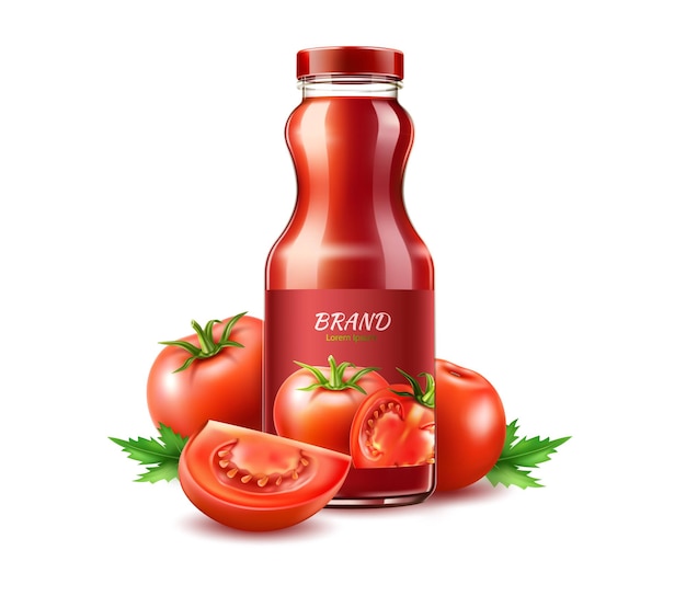 Realistic tomato juice in glass bottle with ripe raw sliced and whole tomatoes