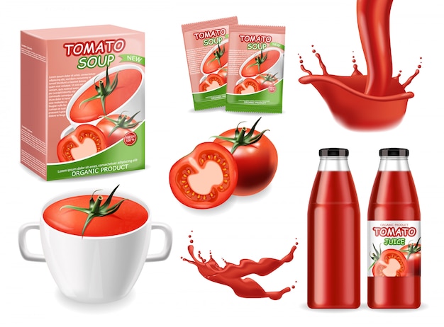 Prodotto realistico di pomodori, zuppa di pomodoro, ketchup, salsa splash e pomodori, cibo naturale grande set, illustrazione del pacchetto