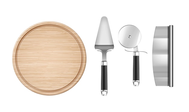 Vector realistic tools for pizza: wooden round board, knives, spatula