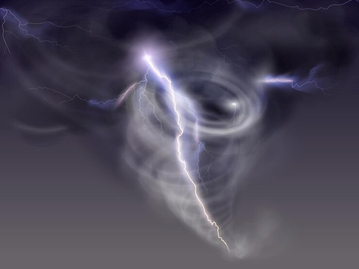 Vector realistic tornado with lightning storm cyclone twist wind destruction hurricane in sky clouds smoke funnel nature thunderstorm gale whirlpool twister exact vector illustration