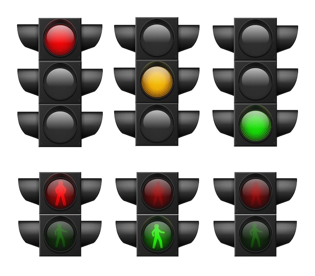 リアルな信号機。導かれたライト赤、黄、緑、横断歩道と交通安全、制御事故、白い背景で隔離の街路規制システムベクトルセットを通知します