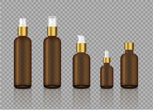 Vector realistic transparent amber and gold spray bottle for cosmetic and  skincare dropper on background   illustration. medical and healthcare concept design.