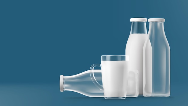 Vector realistic transparent clear glass and bottle of milk isolated