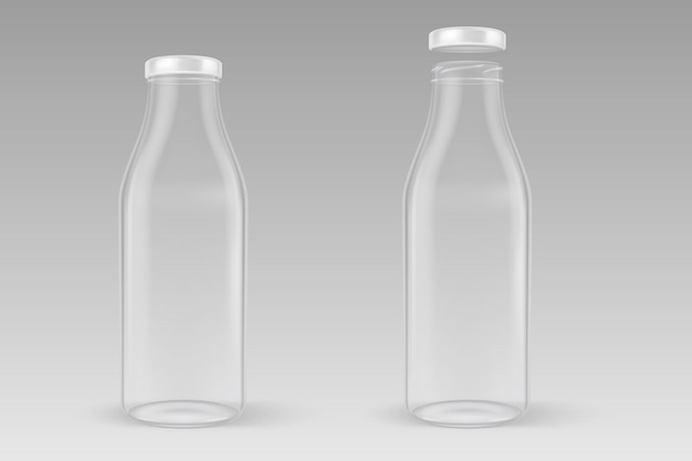 realistic transparent closed empty glass milk bottle with golden lid closeup isolated