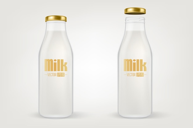 Vettore bottiglia per il latte di vetro vuota chiusa trasparente realistica con il primo piano dorato del coperchio isolato