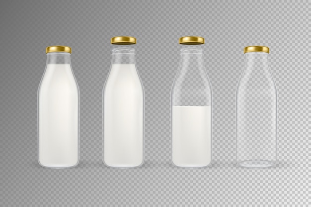 Реалистичная прозрачная закрытая пустая стеклянная бутылка для молока с золотой крышкой крупным планом