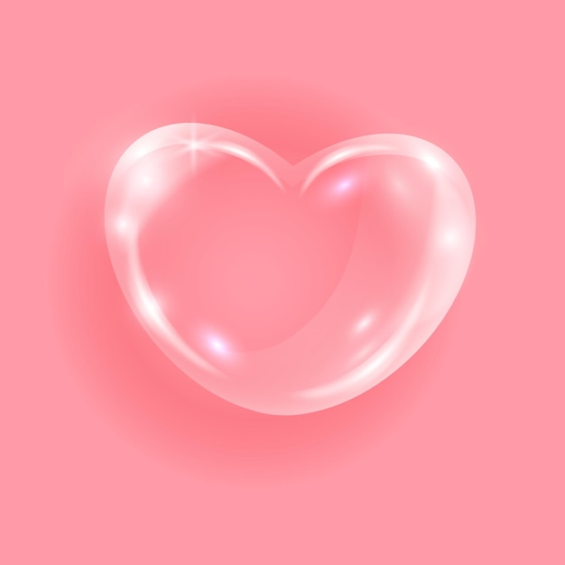 Vector realistic transparent glass heart glossy soap bubble heart on pink background