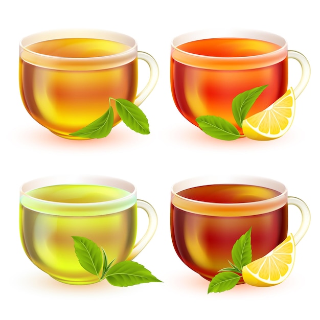 Vector realistic transparent glass tea cups with handle green leaves and lemon green black and fruit tea