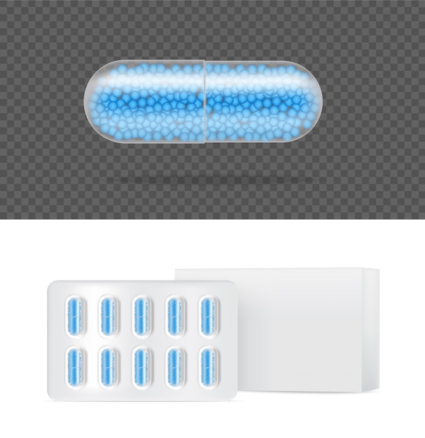 現実的な透明な錠剤薬カプセルパネルタブレット医療と健康の概念。