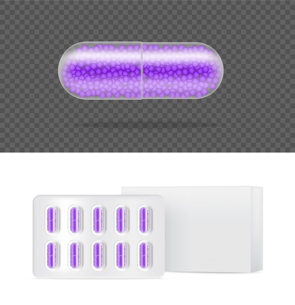 現実的な透明な錠剤薬カプセルパネルタブレット医療と健康の概念。