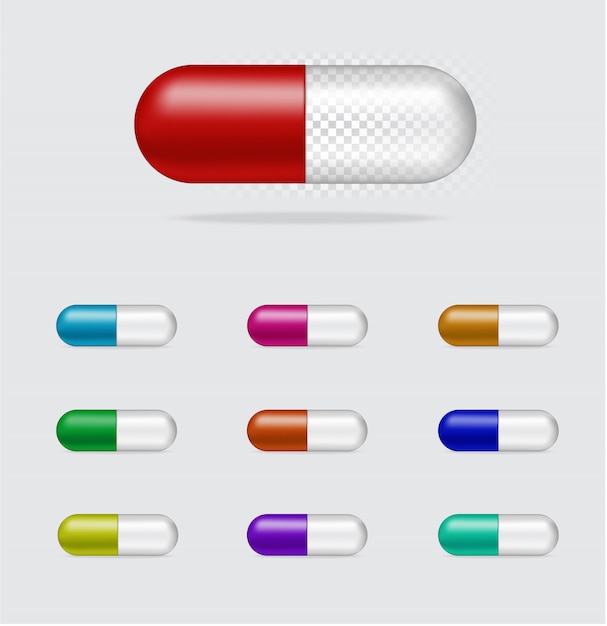 Illustrazione trasparente realistica di vettore del pannello della capsula della medicina della pillola. concetto farmaceutico, medico e sanitario.