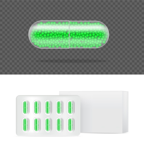  Realistic Transparent Pill Medicine Capsule Panel on White Background  Illustration. Tablets Medical and Health Concept.