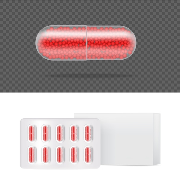 Pannello trasparente realistico della capsula della medicina della pillola su fondo bianco. compresse mediche e concetto di salute.