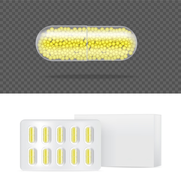 Realistic Transparent Pill Medicine Capsule Panel with box   Tablets Medical and Health Concept.