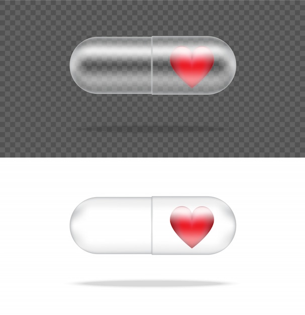 Pannello trasparente realistico della capsula della medicina della pillola con cuore