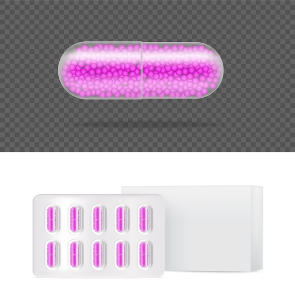 Realistic Transparent Pill Medicine Capsule on White Background  Illustration. Tablets Medical and Health Concept.