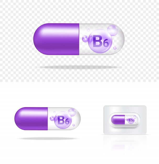 Pannello trasparente realistico realistico della capsula della medicina della vitamina b6 della pillola sull'illustrazione bianca del fondo. concetto medico e sanitario delle compresse.