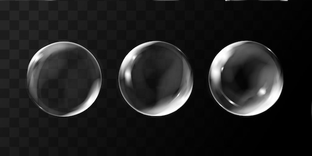 Realistic transparent soap bubble on black background Soap Bubble set with glares Bubbles illustra
