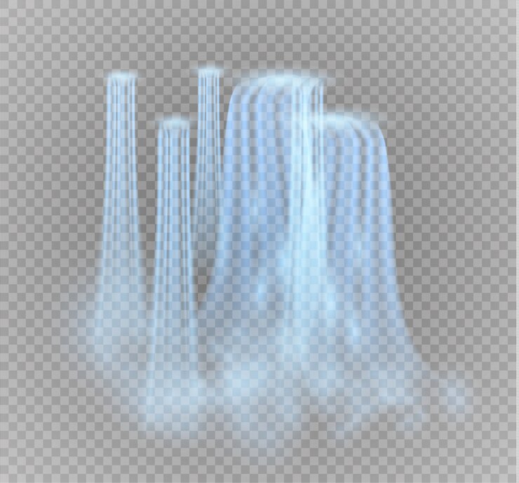 Vector realistic transparent, stream of waterfall with clear water and bubbles isolated on transparent background.