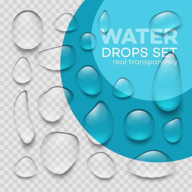 Vector realistic  transparent water drops set .