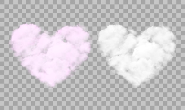 Realistic transparent white and pink heart shaped clouds Vector illustration