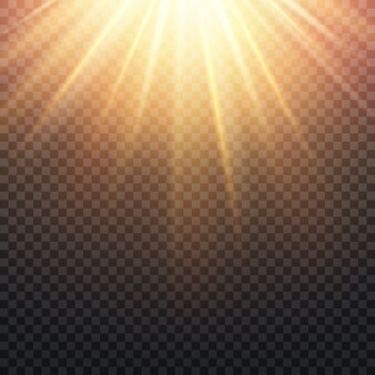 Raggi del sole giallo trasparente realistico, caldo effetto bagliore arancione isolato su sfondo a scacchi. su